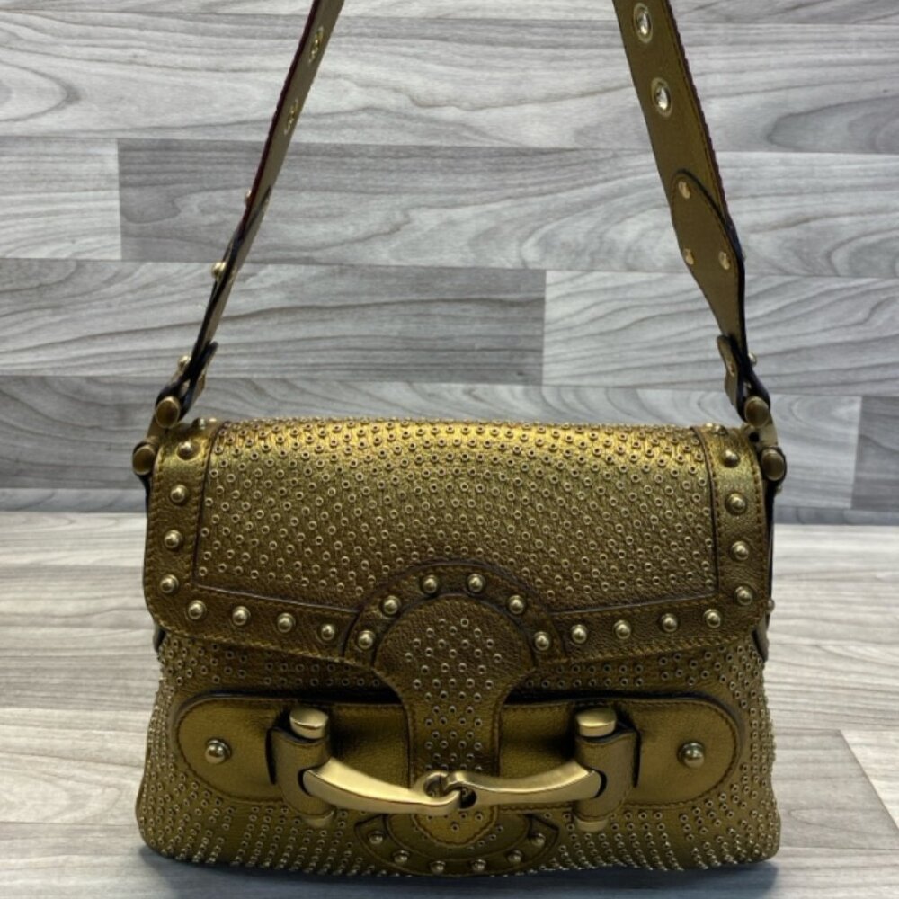 Gucci Gold Leather Borchie Rivet Studded Flap Shoulder Bag with Horsebit